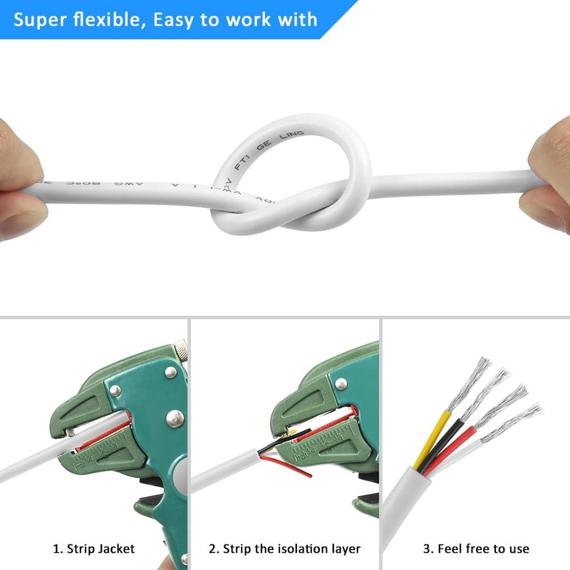 20 Gauge 4 Conductor Electrical Wire, 32.8FT White Stranded Low