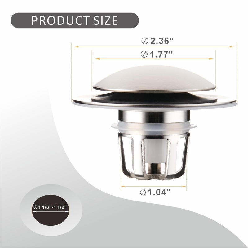Brushed Universal Bathroom Sink Stopper, 2-in-1 Pop Up Sink Drain