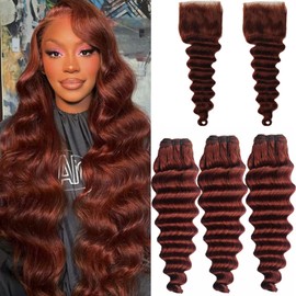 Reddish Brown Bundles with Closure (16 18 20+16Free),10a Brazilian Remy Red Brown Color Loose Deep Wave Bundles Human Hair with 4x4 closure Loose Wave Human Hair Bundles