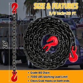 SENKEYFE G80 Safety Binder Chain 3/8"×20 FT,Wll 7100 lbs Working Load Limit Heavy Duty Chain for Transporting,Lifting Tow Chain with Clevis Grab Hooks,Trailer Log Chocker Accessories (Oiled Black)