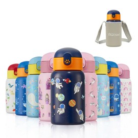 Autsel Kids Water Bottles with Straw 400ml Insulated Stainless Steel Astronaut Water Bottle BPA-Free Reusable Metal Water Bottle with Protective Case for Girls and Boys Keep 6h Hot & 12h Cold
