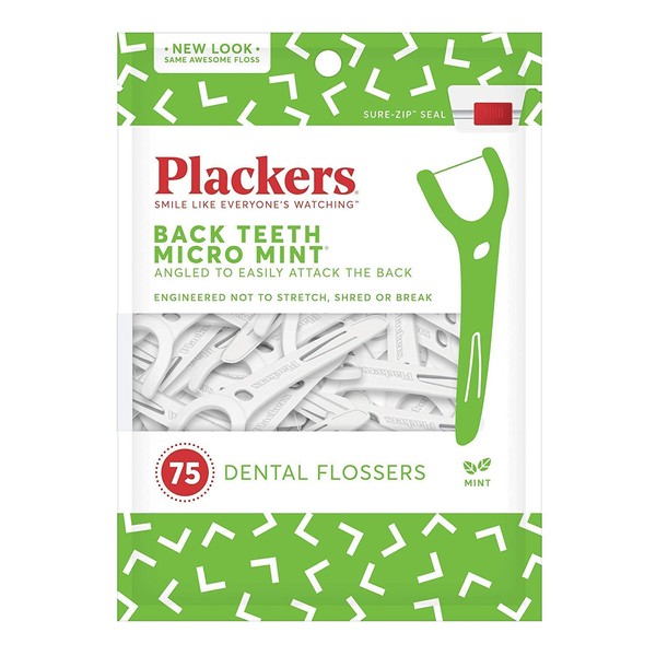 Plackers Back Teeth Micro Dental Flossers, Delicious Mint Flavor, Provides Easy Access for Back Teeth, Built-in Protected Pick, Easy Storage, 75 Count (Pack of 1)