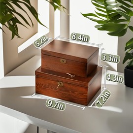 Vintage Style Wooden Box with Hinged Lid - Decorative Lockable Chest for Keepsakes, Valuables, Accessories, Treasured Items - Unique Walnut-Like Wood Finish, Aged Brass Hinges, Antique Lock - 2-Piece