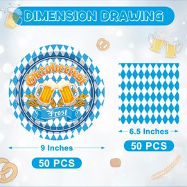 QZYL 50 Sets Oktoberfest Party Plates and Napkins Sets, 9" Disposable Beer Festival Paper Plate, Round German Party Decorations, Blue and White Flag Check Tableware Set for Oktoberfest Decorations