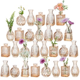 Hewory Glass Gold Vases for Centerpieces: Set of 28 Small Bud Vases in Bulk for Wedding Table Decorations - Vintage Amber Glass Vase for Reception Party Home Decor
