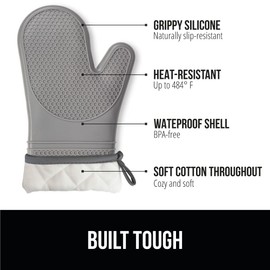 GORILLA GRIP BPA-Free Soft Silicone Oven Mitts, Heat Resistant and Waterproof Cooking Gloves, Thick Cotton Lining, Flexible Gripping for Baking Grilling, Kitchen Potholders Set of 2, 12.5x8.3, Gray