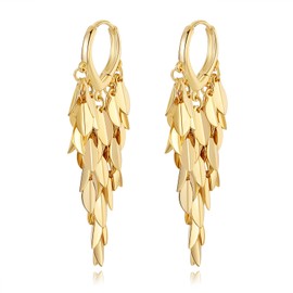 Hius 18K Gold Plated Leaf Hoop Earrings for Women, Long Tassel Dangle Drop Earrings, Chunky Gold Chandelier Earrings, Gold Dangling Earrings for Prom