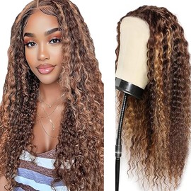 Weeybay Glueless Wig Human Hair Wig Curly Wave Real Hair Wig for Women Wigs 4 x 1 Lace Closure Wig Middle Part 100% Unprocessed Brazilian Remy Hair Wig Highlight Brown 24 Inch