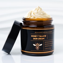 HJXUQIME Tallow and Honey Balm for Face, Beef Tallow for Skin, Moisturizer with Organic Grass-Fed Beef Tallow & Raw Wild Honey - Cream for Soft, Smooth Skin- Light Scent (3.88 OZ)