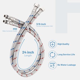 BWE 24-Inch Long Faucet Connector Braided Stainless Steel Supply Hose 3/8-Inch Female Compression Thread x M10 Male Connector, x 2 Pcs (1 Pair)