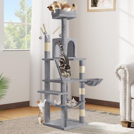 DWVO 64.5" Tall Cat Tree, Multi-Tier Cat Condo with Hammock, Scratching Posts & Play Balls for 2-3 Cats (Light Gray)