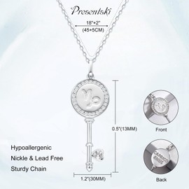 Presentski Zodiac Sign Pendant Necklace Women: 925 Sterling Silver Constellation Necklaces Platinum Plated Horoscope Chain Astrology Key Shape Heart Zirconia Necklace 45-50 cm Length, Sterling Silver