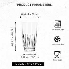 binsakao Highball Glasses Set of 6-12 OZ Drinking Glasses - Elegant Diamond Cut Tall Glass Cups for Water, Cocktails, Beer, Juice