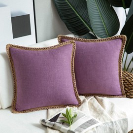 Phantoscope Pack of 2 Farmhouse Decorative Throw Pillow Covers Burlap Linen Trimmed Tailored Edges Purple 26 x 26 inches, 65 x 65 cm