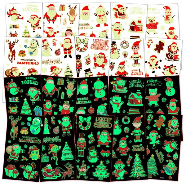 ACWOO Christmas Temporary Tattoos for Kids, 10 Sheets Glow In The Dark Christmas Tattoos Stickers, Waterproof Luminous Fake Tattoo for Gift Party Bag Fillers Decoration
