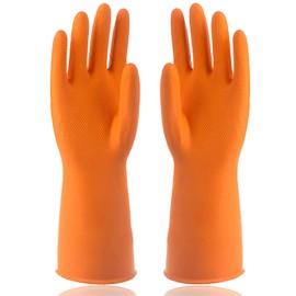 Sibba 1 Pairs Rubber Gloves Dishwashing Kitchen Dish Cleaning Washing Household Home Dishwasher Latex Large Heavy Duty Hand Wash Dishwash Bathroom Gardening Hairdressing Glove(orange regular pattern)