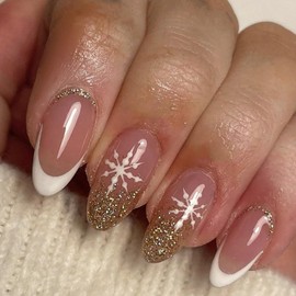 24Pcs White French Tip Christmas Press on Nails Medium Almond Glossy Nude Pink Color Fake Nails with Snowflakes Glitter Designs Winter Xmas False Nail for Women DIY Nail Decorations