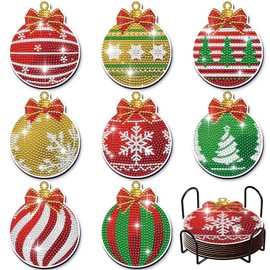 8 Pcs DIY Diamond Art Painting Coasters Christmas Balls with Holder, Christms Style Coasters Diamond Art Kits for Adults Beginners. Diamond Craft Supplies Coasters for Drinks.XMAS10