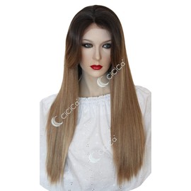 CiCiCa - “KIKI”, Lace Front Wigs, 28 Inches Long Wig, Straight Wig with Side Bangs, Ombre Dark Brown Roots to Mixed Light Brown and Golden Blonde Wig, Premium Heat-Resistant Synthetic Hair Replacement Wigs for Women.