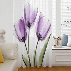 Purple Tulip Window Curtains 63 Inches Long,Aesthetic Pastoral Flower Floral Spring Semi Sheer Rod Pocket Chiffon Curtains & Drapes Drapery Voile Draperies Window Treatment for Living Room/Bedroom