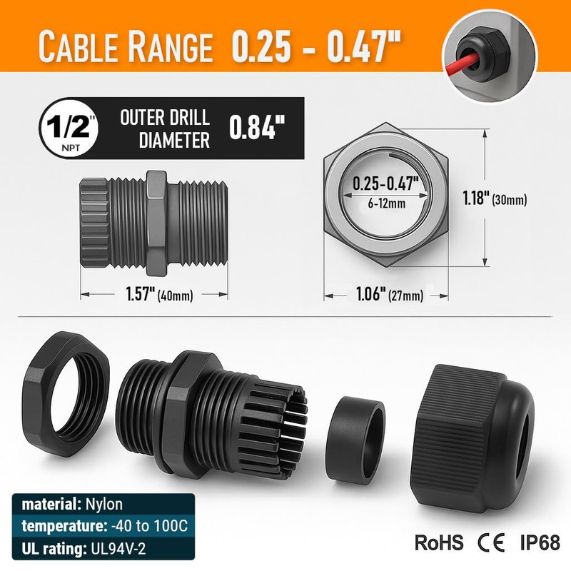 MGI SpeedWare 1/2" NPT Strain Relief Nylon Cord Grip Cable