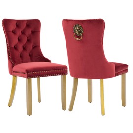 Velvet Dining Chairs Set of 2, Modern Tufted Dining Room Chair, Upholstered Dining Chairs with Lion Head Pulls Ring and Golden Solid Wood Legs, Luxury Kitchen Chairs for Dining Room, Burgundy