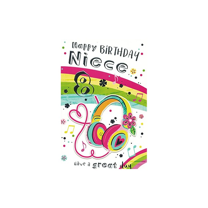 NIECE AGE 8 8TH BIRTHDAY CARD. HEADPHONES. 9 X 6