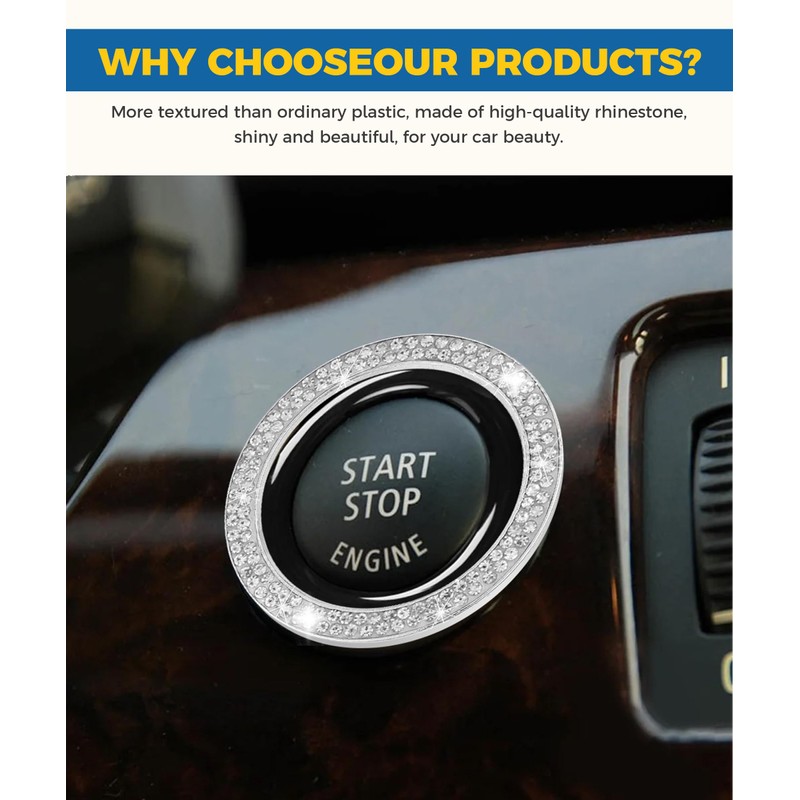 iolory car Start Button Cover,Car Stickers,Crystal Double Rhinestone Automotive Engine