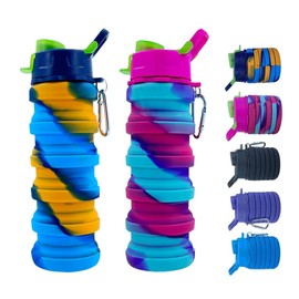 konlongzan Collapsible Water Bottles 2 Pack Silicone Water Bottle with Carabiner Expandable Water Bottle 500ml Portable Sport Water Bottle for Travel Camping. (Yellow Camouflage+Rose Red)