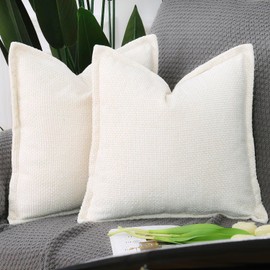 Madizz Set of 2 Chenille Velvet Cushion Covers with Flange Soft Boho Textured Throw Pillow Covers Broadside Pillowcases Modern Farmhouse Home Decor for Sofa Bedroom Cream 18x18 inch, 45x45 cm