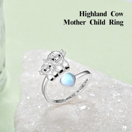 ACJNA Moonstone Highland Cow Ring 925 Sterling Silver Mother's Day Jewelry Gift for Women Mother