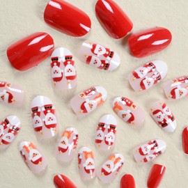 24 Pcs Christmas Fake Nails Oval Press on Nails Short Square Cute Cartoon Santa Claus Pattern Designs Short Oval Nails Glossy Red Christmas Nails Full Cover False Nails for Women Girls Acrylic Nails