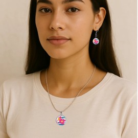 Unbranded Retro Pink & Blue Flower Jewelry Set – 20" Stainless Steel Necklace &  Earrings