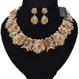 Vintage Crystal Rhinestone Statement Choker Bib Statement Necklace Earring Fashion Costume Jewelry Set for Women Champagne