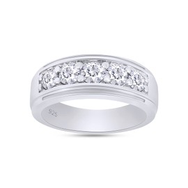 SAVEARTH DIAMONDS 1 Carat Round Cut Lab Created Moissanite Diamond 5-Stone Wedding Band For Men In 14K White Gold Over Sterling Silver Stackable Engagement Ring (G-H Color, VVS1 Clarity, 1.00 Cttw)-11