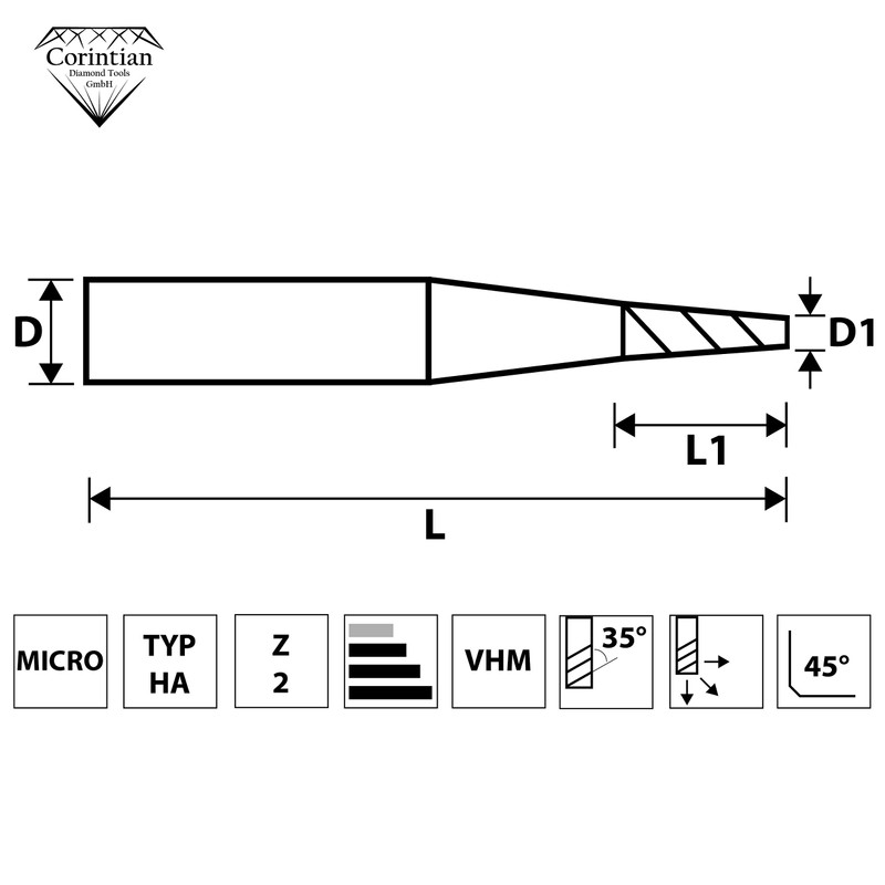 Corintian Solid Carbide Micro End Mill 2 Teeth - AlTiN