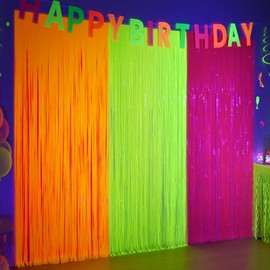 Mega-L Glow in The Dark Party Supplies, 3 Pack Neon Party Decorations 9.9 x 6.6 ft Fluorescent Macaron Orange, Yellow and Fuchsia Tinsel Foil Fringe Curtains, Glow Photo Booth Prop Backdrop Streamer