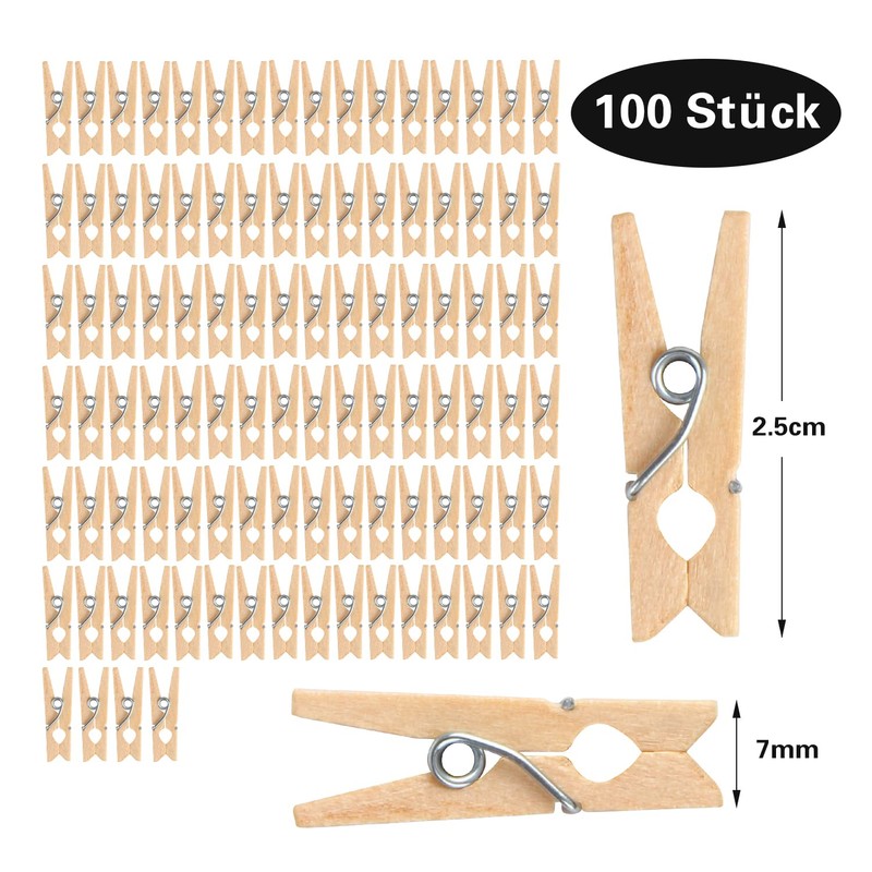 DERAYEE Pack of 100 Wooden Pegs, Clothes Pegs, Small, for