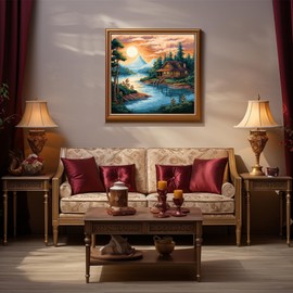 Cukol Cukol 11ct Cross Stitch, 11 Count Counted Stamped Pre Printed Cross Stitch Embroidery Kits for Adults Beginners Starter Advanced Easy Crossstitch Lakeside Landscape Patterns Set Wall Decor 40x40