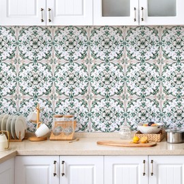 10 Pcs Tile Stickers Blue and Green Flower Flooring Wall Decals Self Adhesive Traditional Vinyl Wall Decals Retro Flower Floor Tile Sticker for Bathroom Kitchen 7.8" x 7.8" HY-CZ002