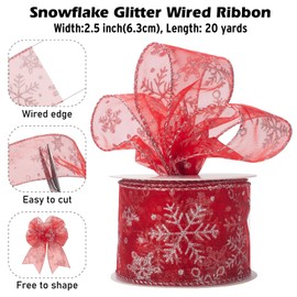 Snowflake Glitter Wired Ribbon for Christmas Tree, Gift Wrapping, 2.5 Inch x 20 Yards Red Sheer Organza Ribbon with Silver Glitter Snowflake Pattern for Crafts, Bows Making, Floral, Garlands
