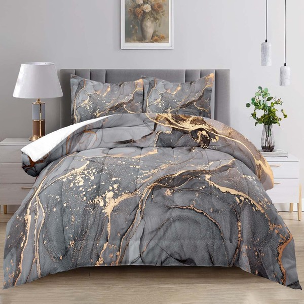 Raphus cucullatus Marble Bedding Set Twin,Black and Gold Comforter Set,Marble