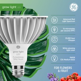 GE Grow LED Light Bulb, PAR38 Flood Light, Indoor LED Grow Lights for Flowers and Fruit, Advanced Red Light Spectrum, 25,000 Hour Lifespan, 50 PPF, 1 Pack (Packaging May Vary)
