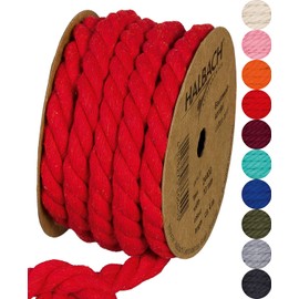 Halbach Seidenbänder Recycled Cotton Cord, Width: 10 mm / Length 4 Metres, Sustainable Cotton Yarn for Macrame, Natural Cord for Crafts, Colour: Red