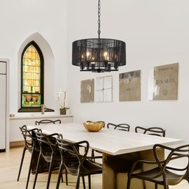 GZBEINI 19.68'' Hand-Woven Black Chandeliers,6-Light Boho Drum Chandeliers Dining Room Light Fixtures,Farmhouse Round Rattan Haning Light Fixture for Living Room Kitchen Foyer Staircase,UL Listed