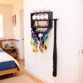 Gavinjiao Wooden Baseball Ring Holder, Baseball Display Case with Bat Holder Wall Mounted Holder Trophy Case Homerun Display Shelf with Extra Space for Champion Rings Medals Trophies Black (M)