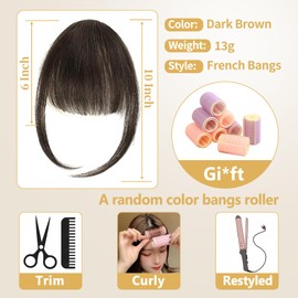 Alaleibaby Clip In Fringe Bangs Dark Brown 100% Real Human Hair Bangs Clip in Hair Extensions Natural curved French bangs With Temples Short Hairpieces Natural Curved French Bangs
