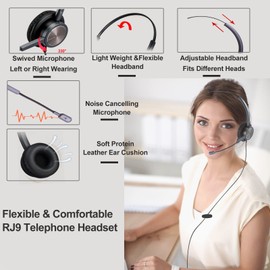 Emaiker Wired Call Center Noise Cancelling Corded Monaural Telephone Headphone for Deskphones U10P-S RJ9 Headset with Mic Mircrophone for Snom,Yealink,Grandstream Desk Landline Phone IP Phones