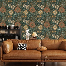 Yasinet Peel and Stick Wallpaper Boho Wallpaper Dark Green Contact Paper Vintage Waterproof Wall Paper Removable Self-Adhesive for Barthroom/Bedroon/Shelves/Cabinet Vinly 17.3‘’×118‘’