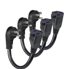 Flat Plug Short Power Extension Cord 1 Foot Black 14AWG 15A 1875W Low Profile 3-Prong Indoor Extension Cable (3 Pack)